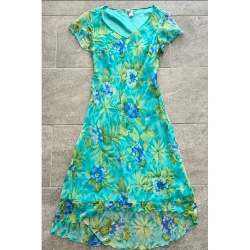 Vtg 90s Robbie Bee 100% Silk Floral Midi Dress Teal Blue Green Fairycore Y2K 12